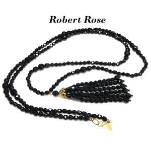 Robert Rose Black Crystal Beaded Tassel Necklace, 50 Inch, 1990s Vintage